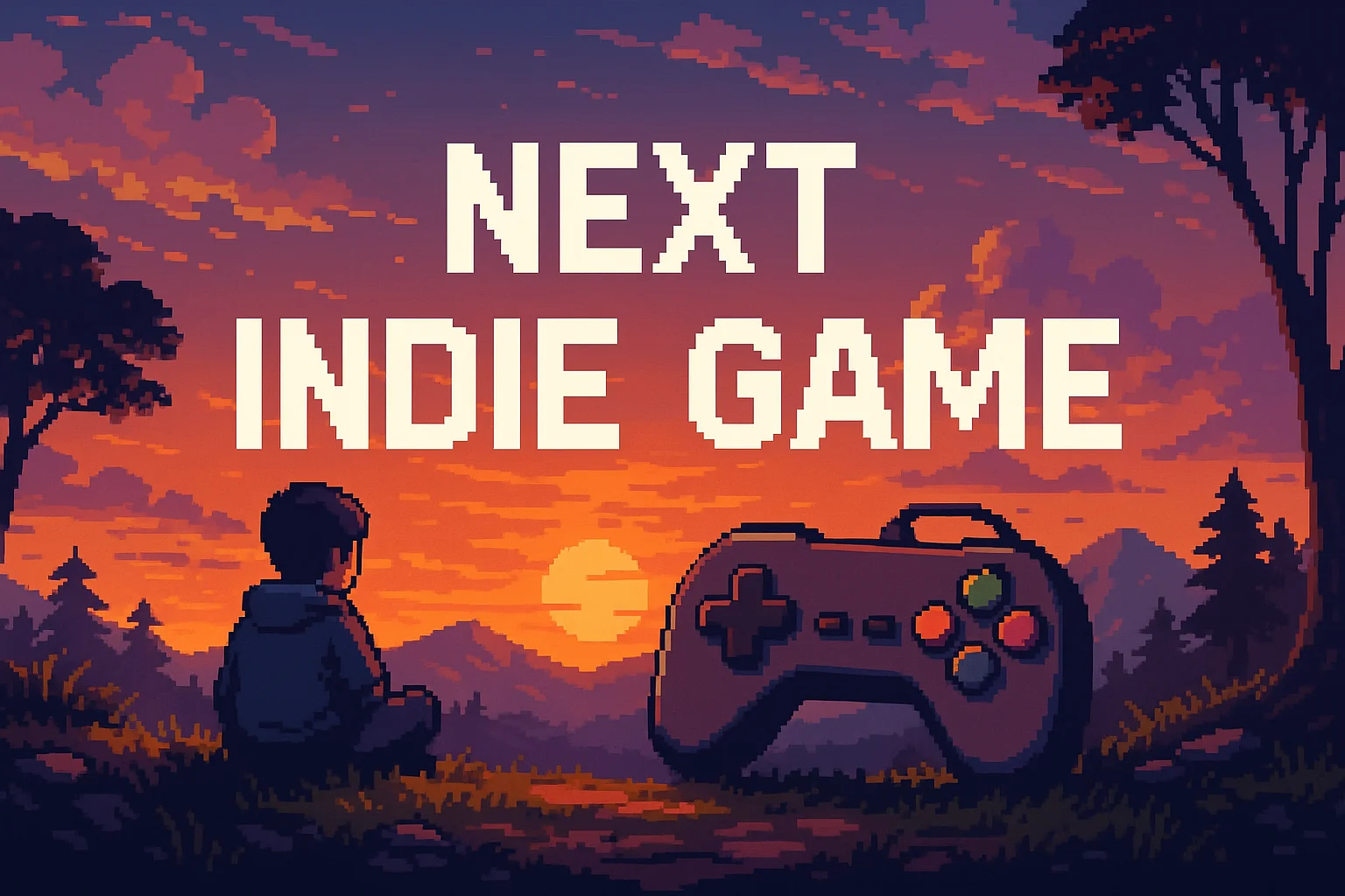 Pixelart-Headerbild mit Sonnenuntergang und dem Schriftzug Next Indie Game