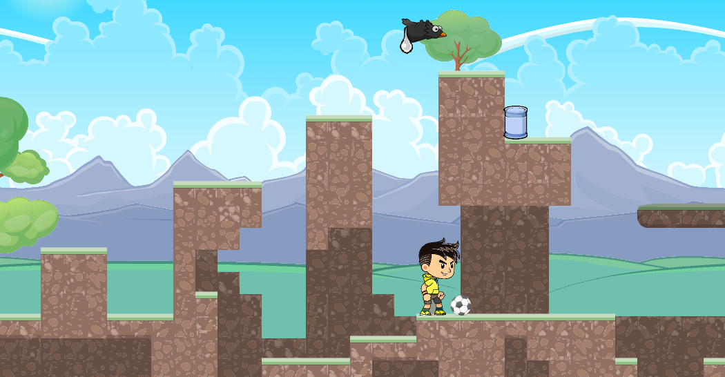 Gameplay aus Homefield Hero: Der Held steht mit seinem Fußball in einer farbenfrohen 2D-Platformer-Landschaft.